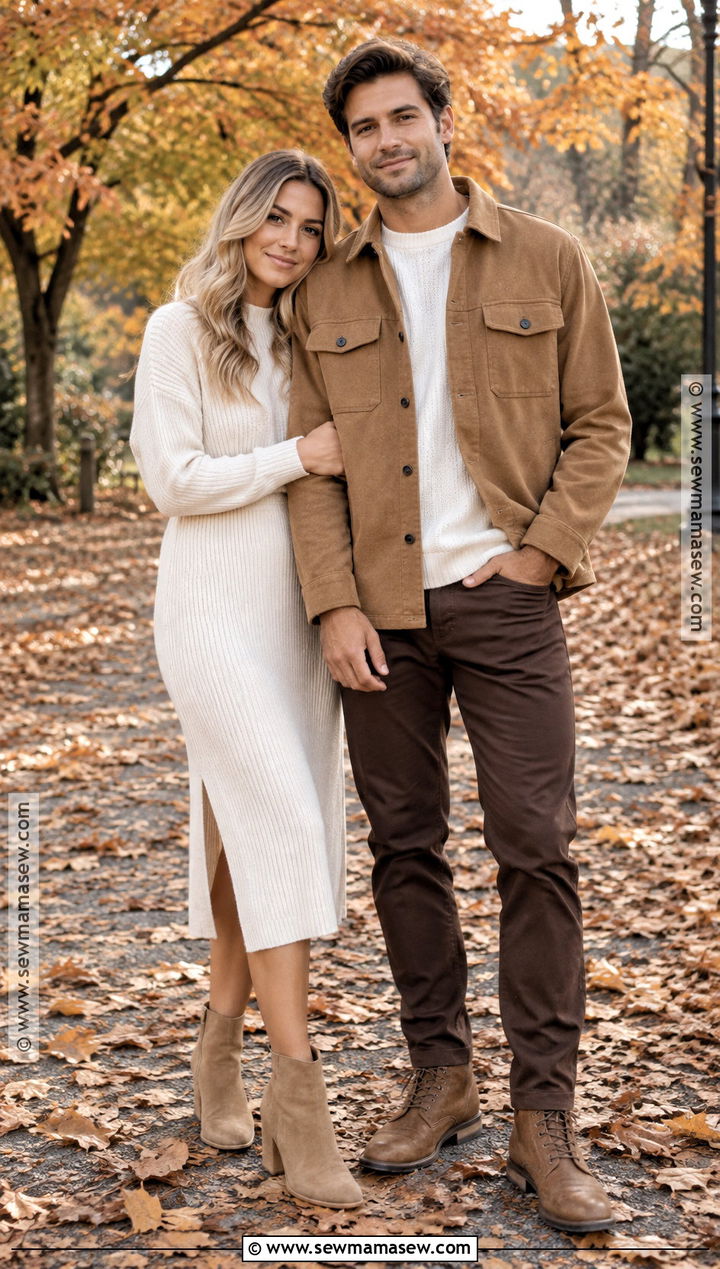 Cream Sweater Dress And Camel Jacket Fall Couples Photoshoot Outfit - 20 Fall Couples Photoshoot Outfits Neutral