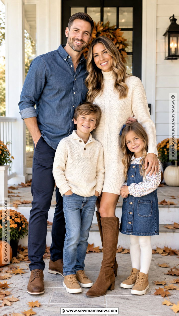 Cream Sweater Dress And Denim Family Outfit - 15 casual fall picture outfits for family