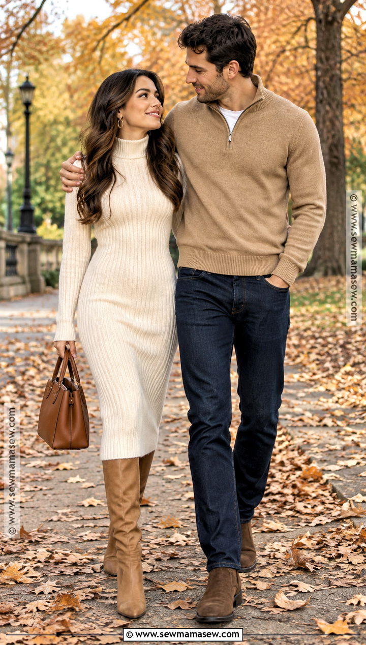 Cream Sweater Dress Fall Couple Photo Outfit - 15 fall couple photos outfits dress