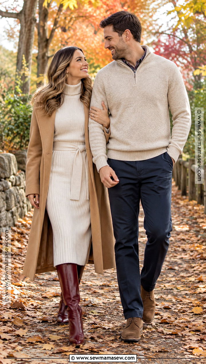 Cream Sweater Dress Fall Engagement Outfit - 15 engagement photoshoot fall outfits