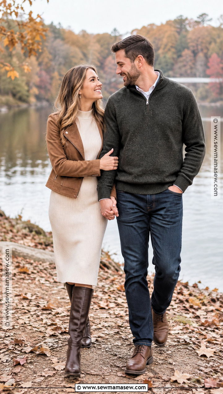 Cream Sweater Dress Fall Engagement Photoshoot Outfit - 15 engament photoshoot outfit fall ideas