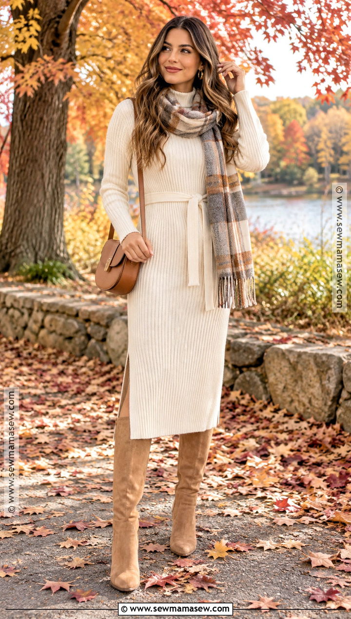 Cream Sweater Dress With Camel Boots - 15 Fall Picture Dresses for Women