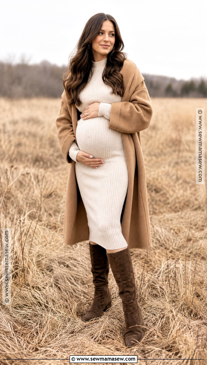 Cream Sweater Dress With Knee High Boots - 15 fall maternity photo outfits