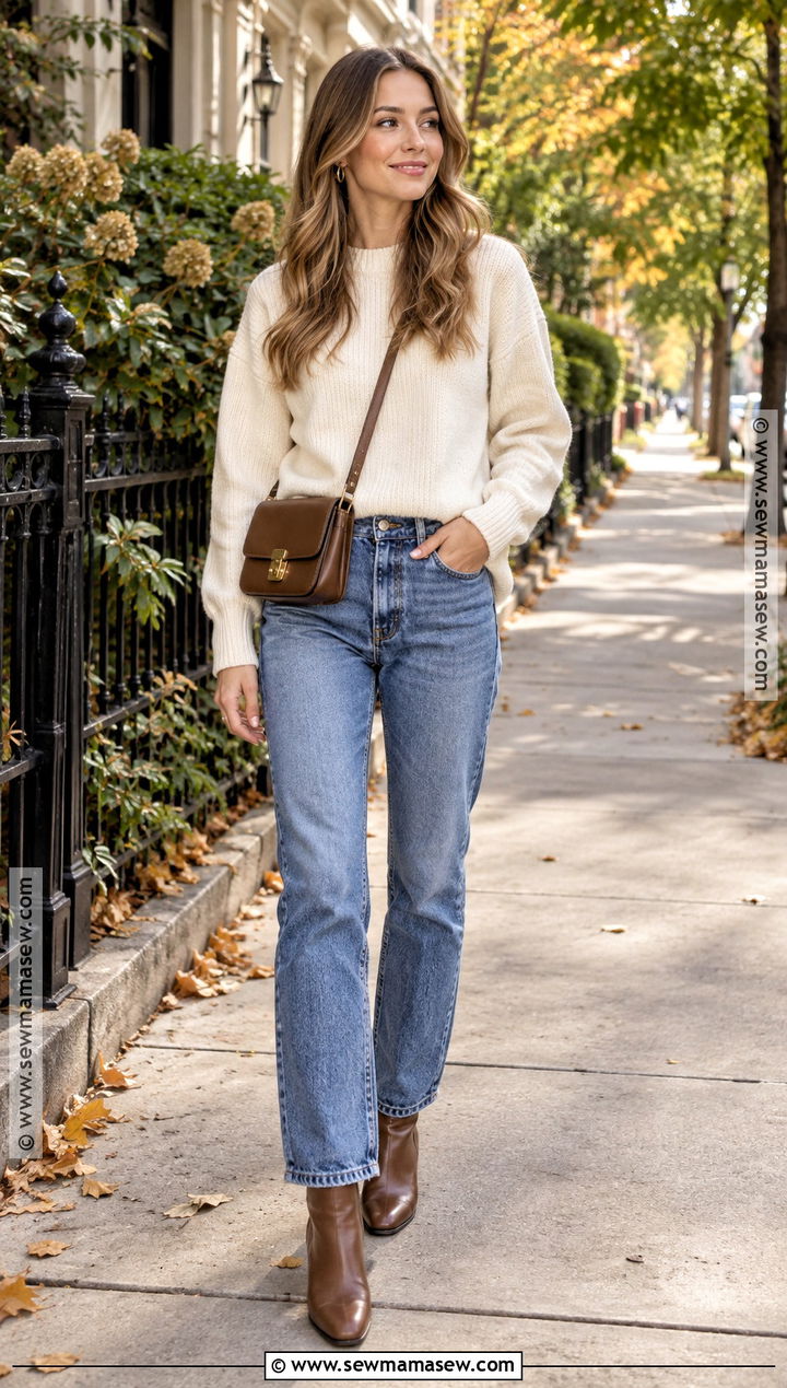 Cream Sweater Fall Outfit With Straight Leg Jeans - 30 outfit inspo fall ideas