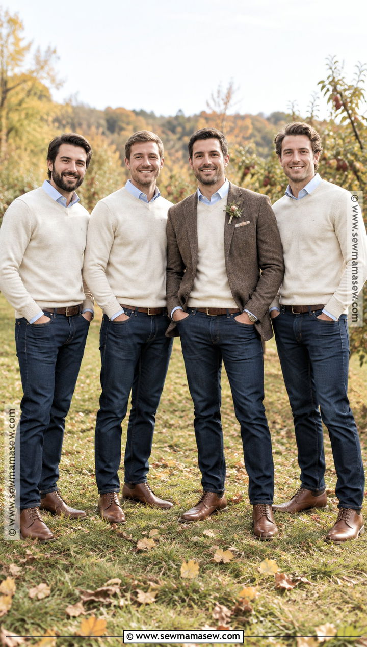 Cream Sweater Groomsmen Attire With Dark Jeans - 15 groomsmen attire fall wedding jeans