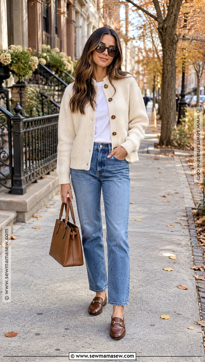 Cream Sweater Jacket With Straight Leg Jeans - 15 fall sweater jacket ideas