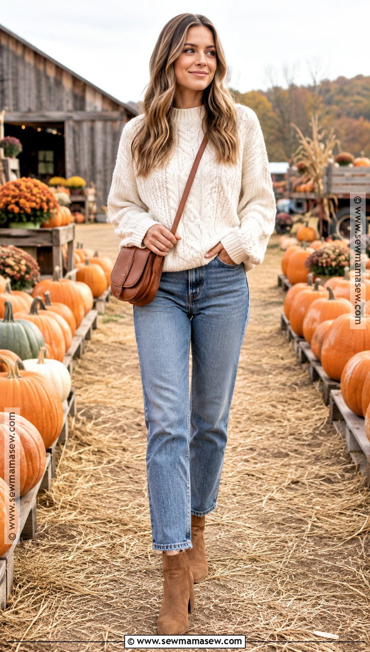 Cream Sweater Pumpkin Patch Outfit With Straight Leg Jeans - 25 pumpkin patch outfit ideas for women