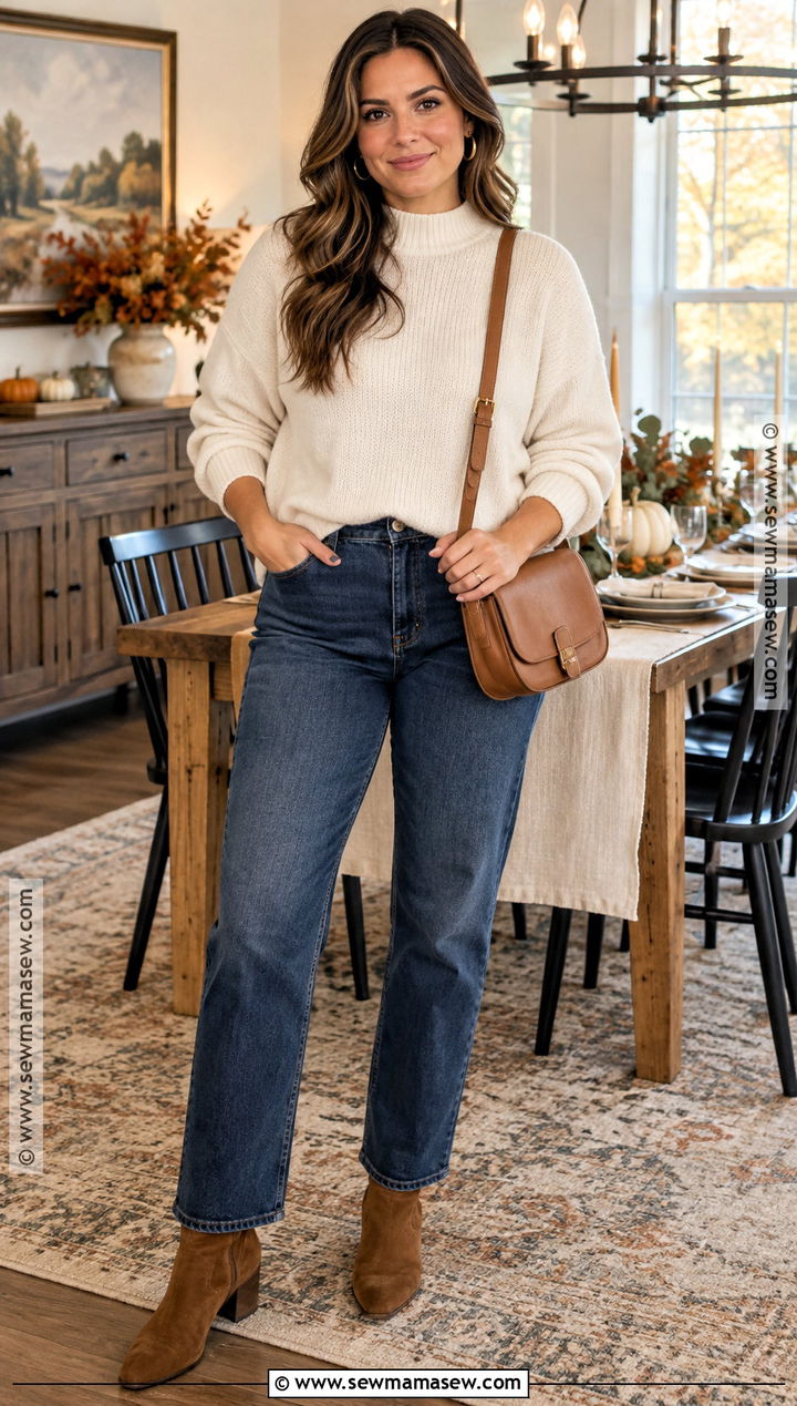 Cream Sweater Thanksgiving Outfit With Straight Leg Jeans - 25 Thanksgiving Dinner Outfit Women Casual Ideas