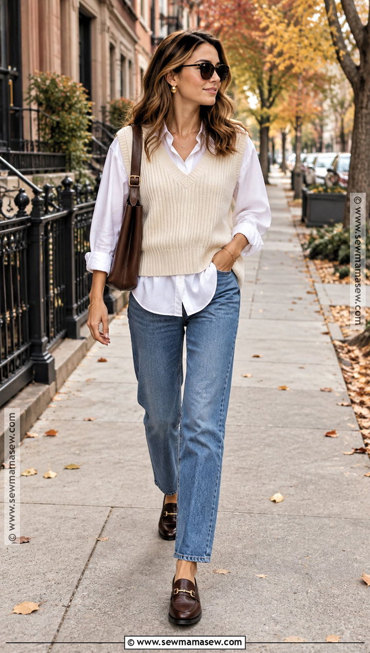 Cream Sweater Vest Outfit With White Shirt And Jeans - 20 fall outfits vest