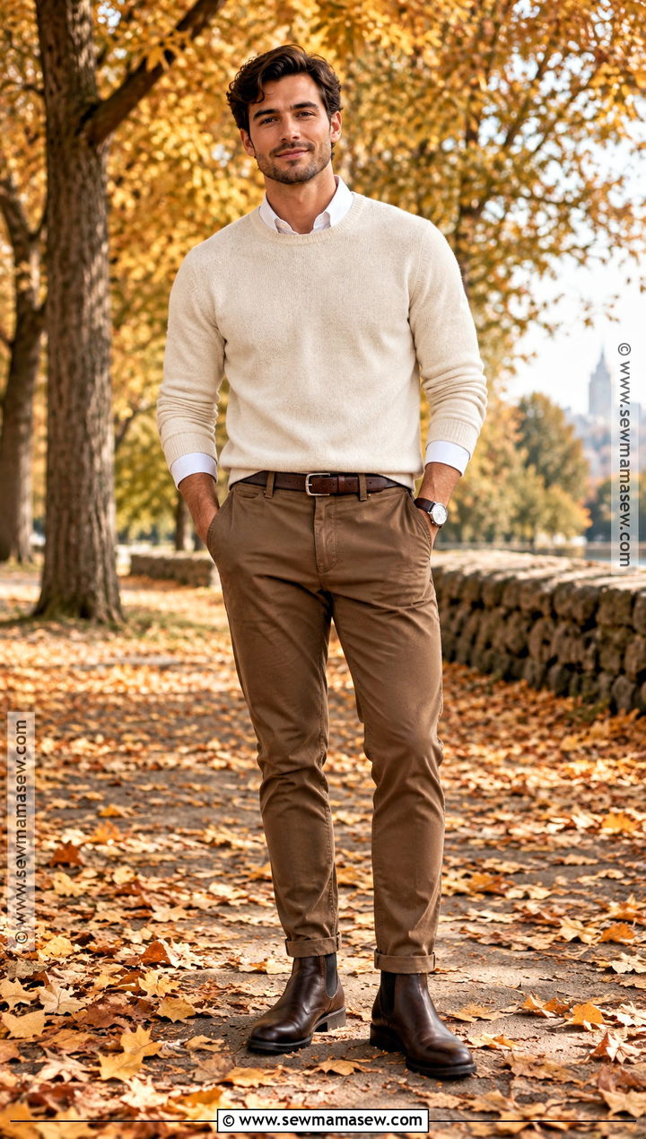 Cream Sweater With Brown Chinos - 15 fall photoshoot men outfits