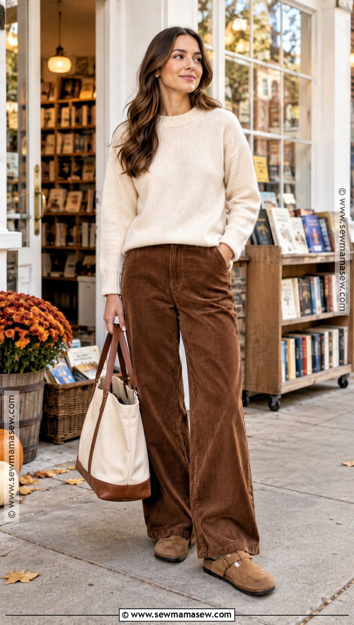 Cream Sweater With Brown Corduroy Pants - 15 Cozy Cream Sweater Fall Fashion Ideas