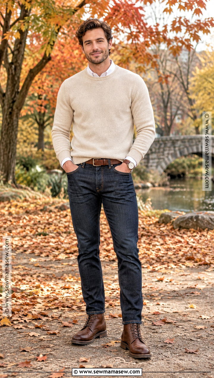 Cream Sweater With Dark Jeans And Brown Boots - 15 engagement photos outfits men fall