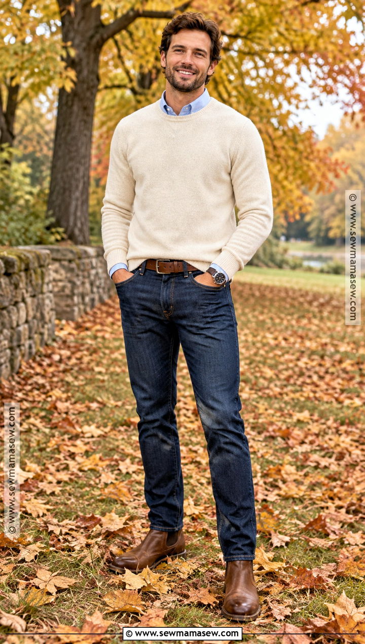 Cream Sweater With Dark Jeans - 15 fall family photo outfits for men