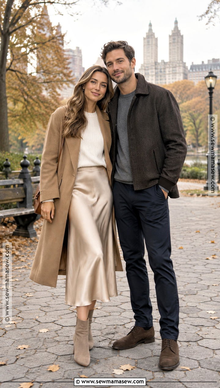 Cream Sweater With Satin Midi Skirt - 15 engagement photos outfits autumn