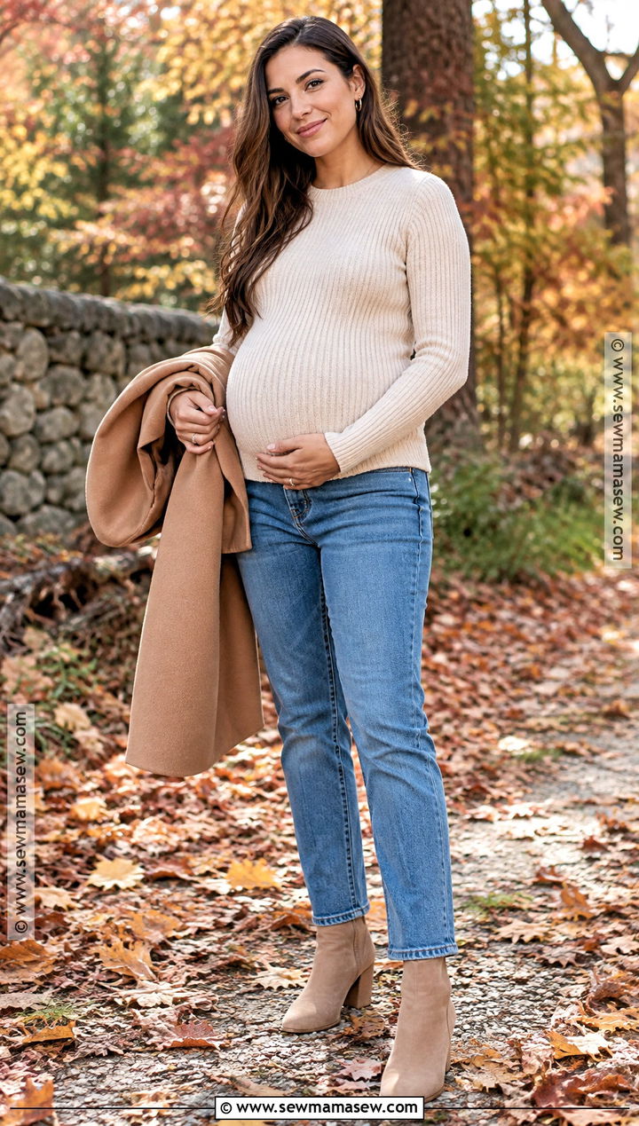 Cream Sweater With Straight Leg Jeans - 15 fall maternity photos jeans