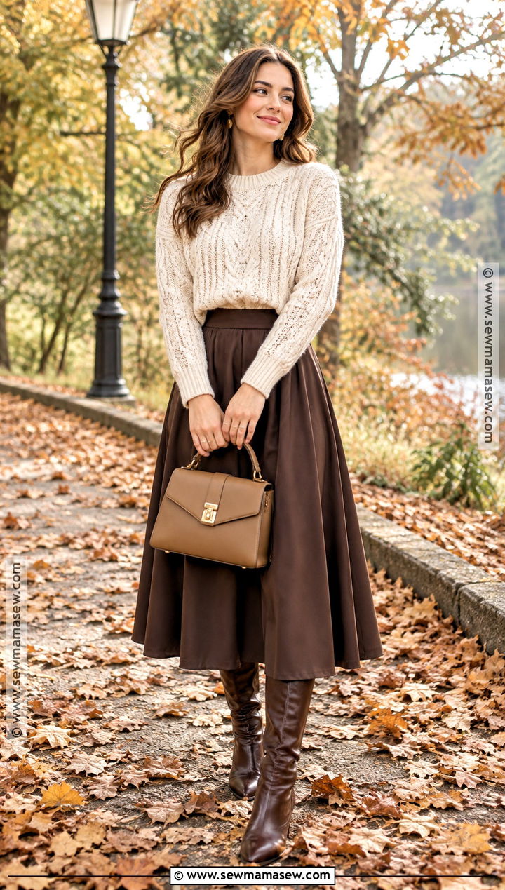 Cream Sweater and Brown Midi Skirt Photo Shoot Outfit - 15 November Photo Shoot Outfits