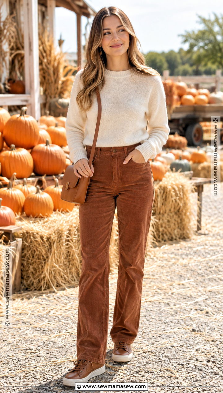 Cream Sweater and Corduroy Pants Pumpkin Patch Outfit - 20 Pumpkin Patch Mom Outfit Ideas