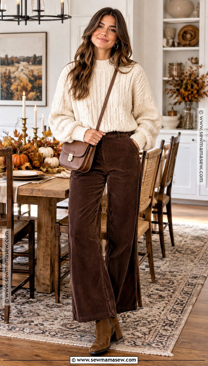 Cream Sweater and Corduroy Pants Thanksgiving Outfit - 25 fall thanksgiving outfits