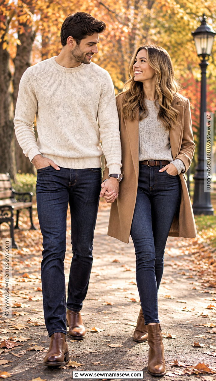 Cream Sweater and Dark Jeans Fall Couple Outfit - 15 Fall Photos Couples Outfits