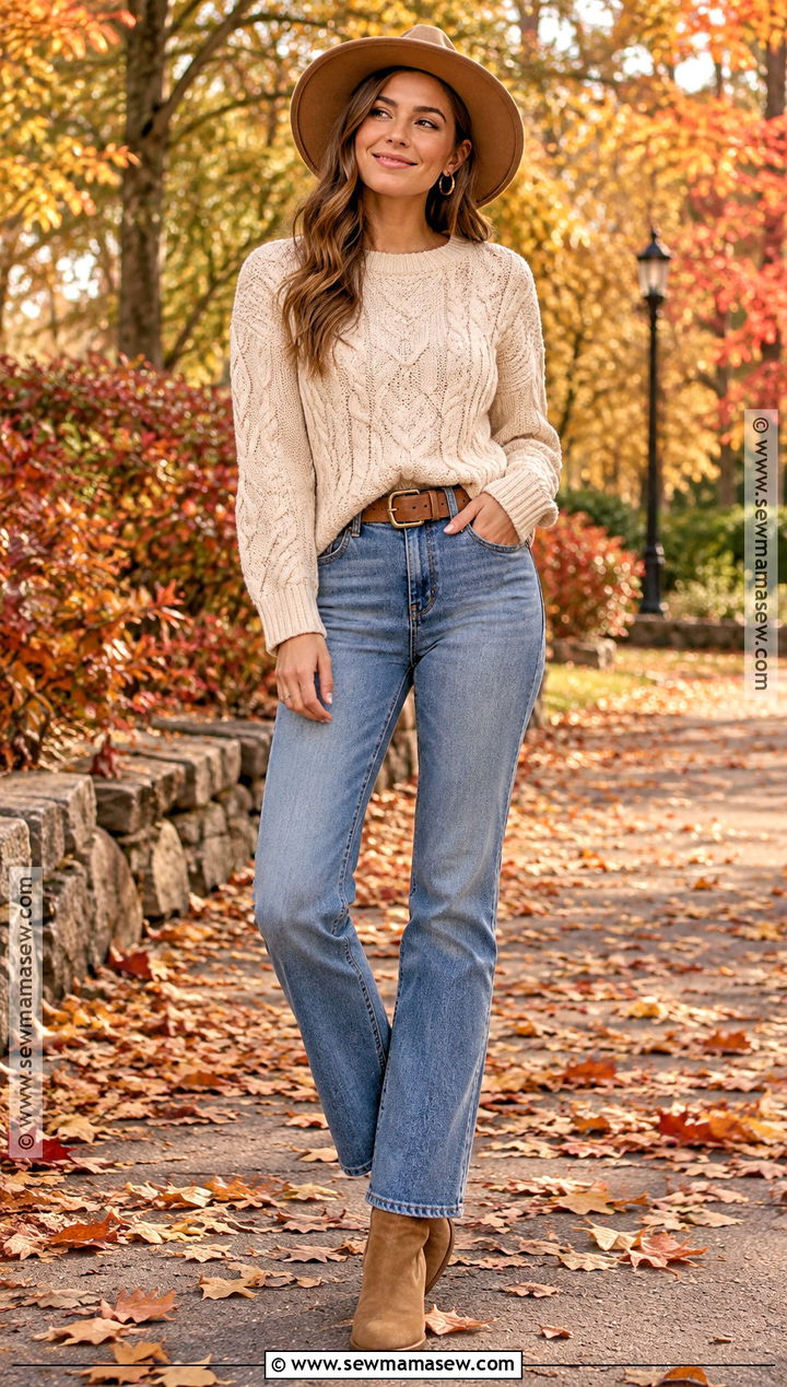 Cream Sweater and Jeans Fall Photoshoot Outfit - 25 Fall Photoshoot Outfits