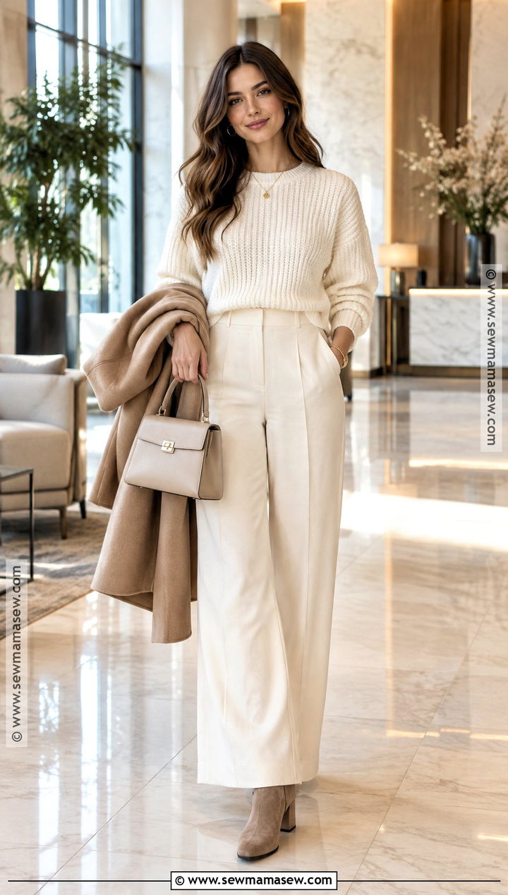Cream Sweater and Matching Trousers Fall Outfit - 15 Fashion Inspo Outfits Minimal Chic Fall