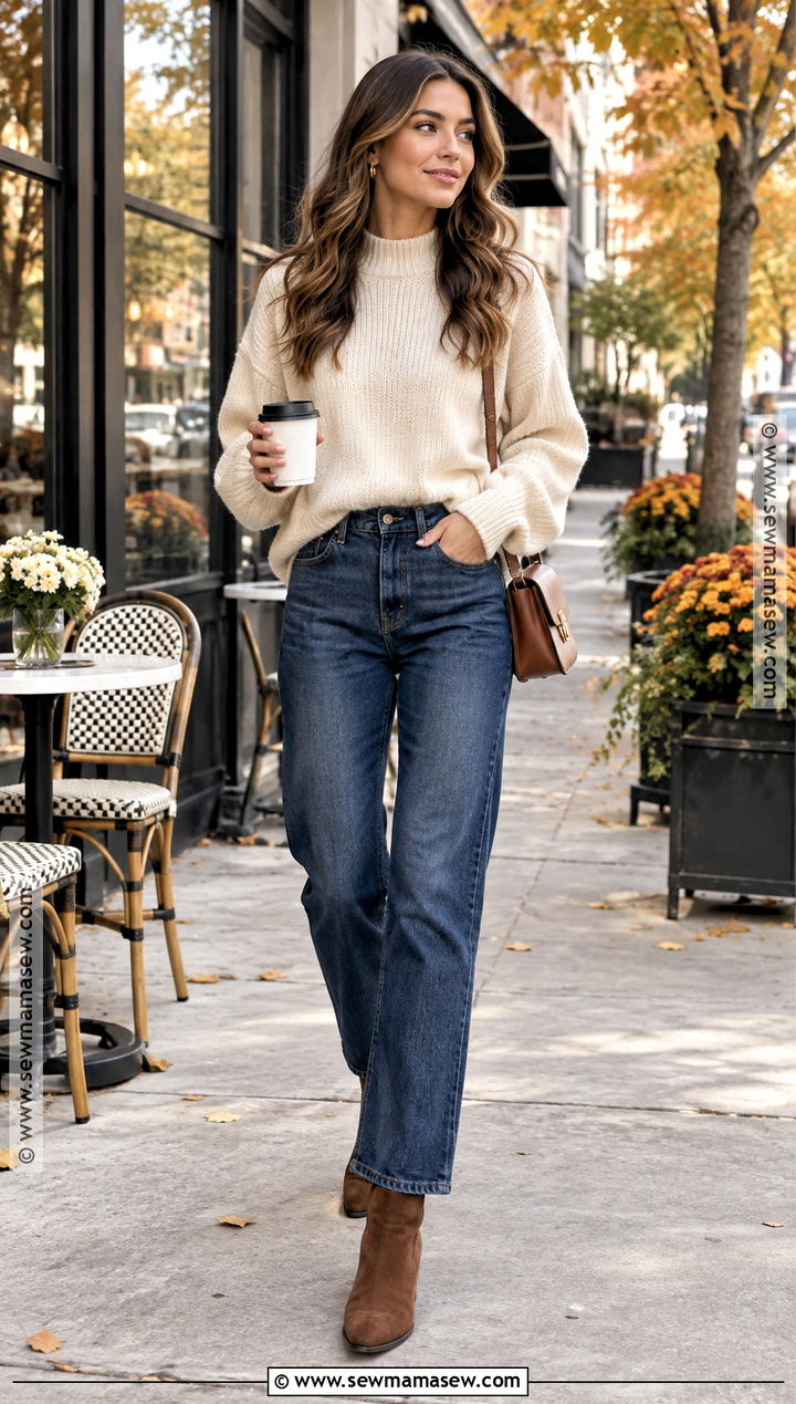 Cream Sweater and Straight Leg Jeans Fall Date Outfit - 20 casual date outfit fall ideas
