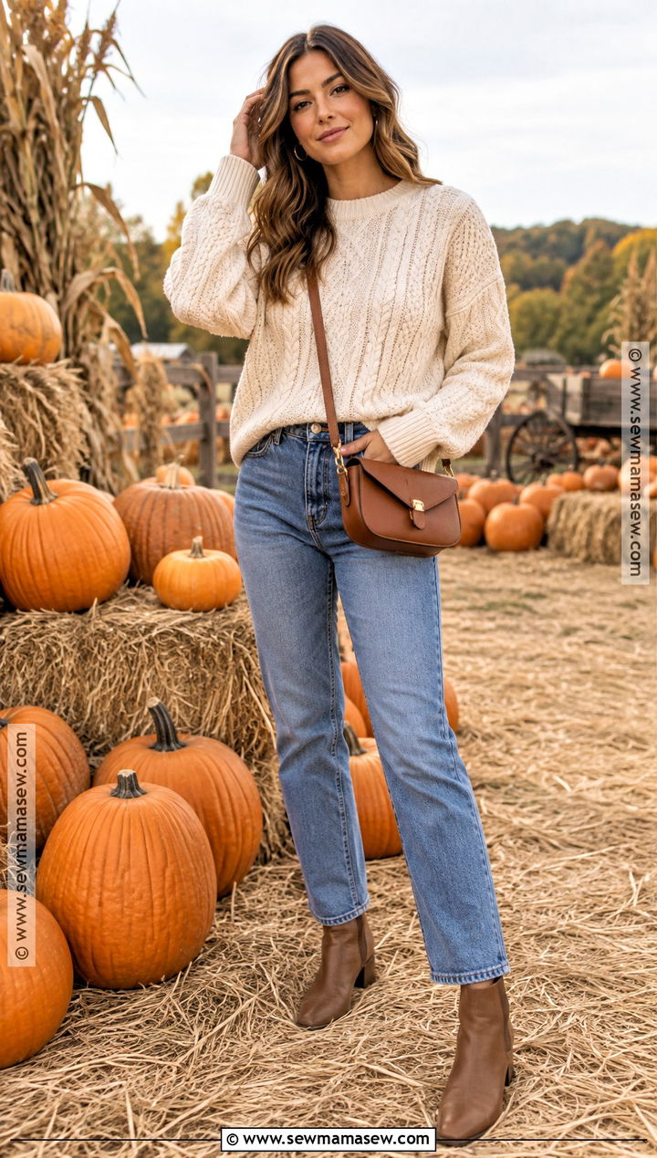 Cream Sweater and Straight Leg Jeans Pumpkin Patch Outfit - 20 Pumpkin Patch Photoshoot Outfits