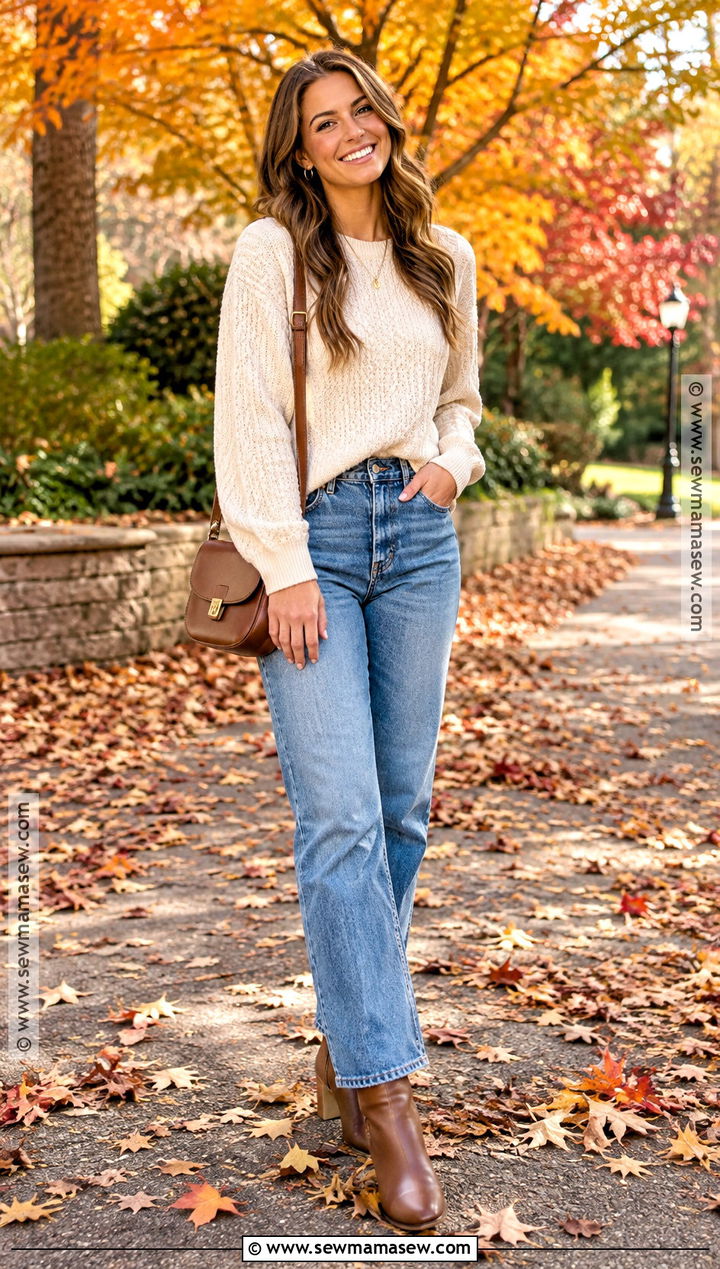 Cream Sweater and Straight Leg Jeans Senior Picture Outfit - 20 Fall Senior Picture Outfits
