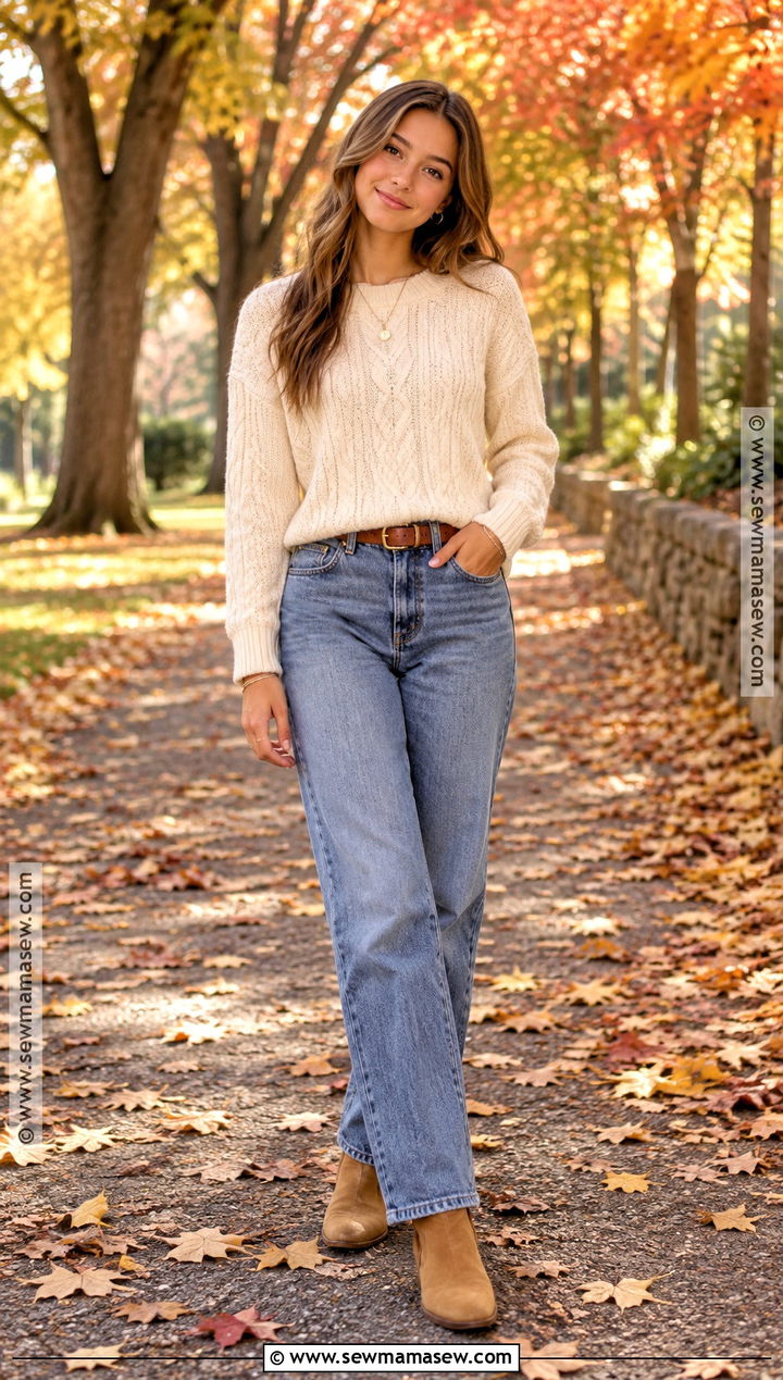 Cream Sweater and Straight Leg Jeans Senior Picture Outfit - 15 autumn senior pictures outfits