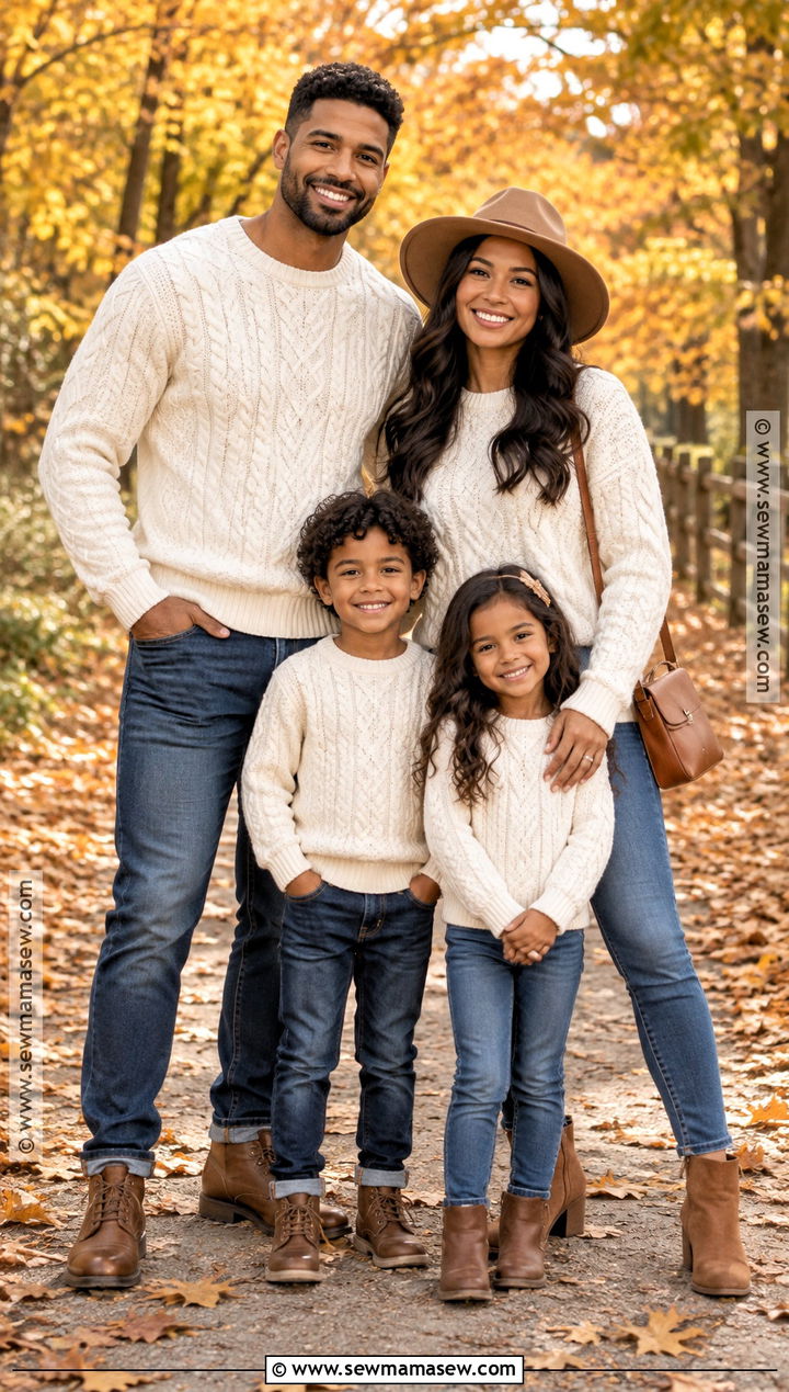 Cream Sweaters And Blue Denim Family Photos - 20 denim fall family photos ideas