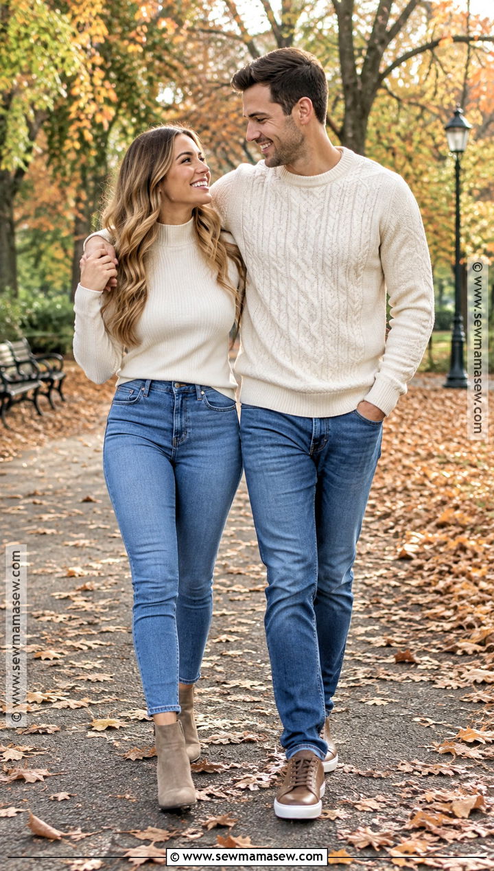 Cream Sweaters And Blue Jeans Couple Outfit - 20 fall couple photoshoot outfit ideas