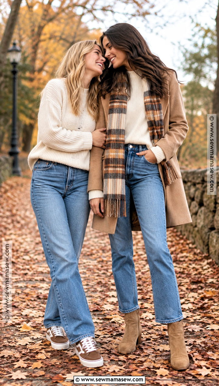Cream Sweaters And Blue Jeans Fall Couple Outfit - 15 Lesbian Couple Photoshoot Outfits Fall
