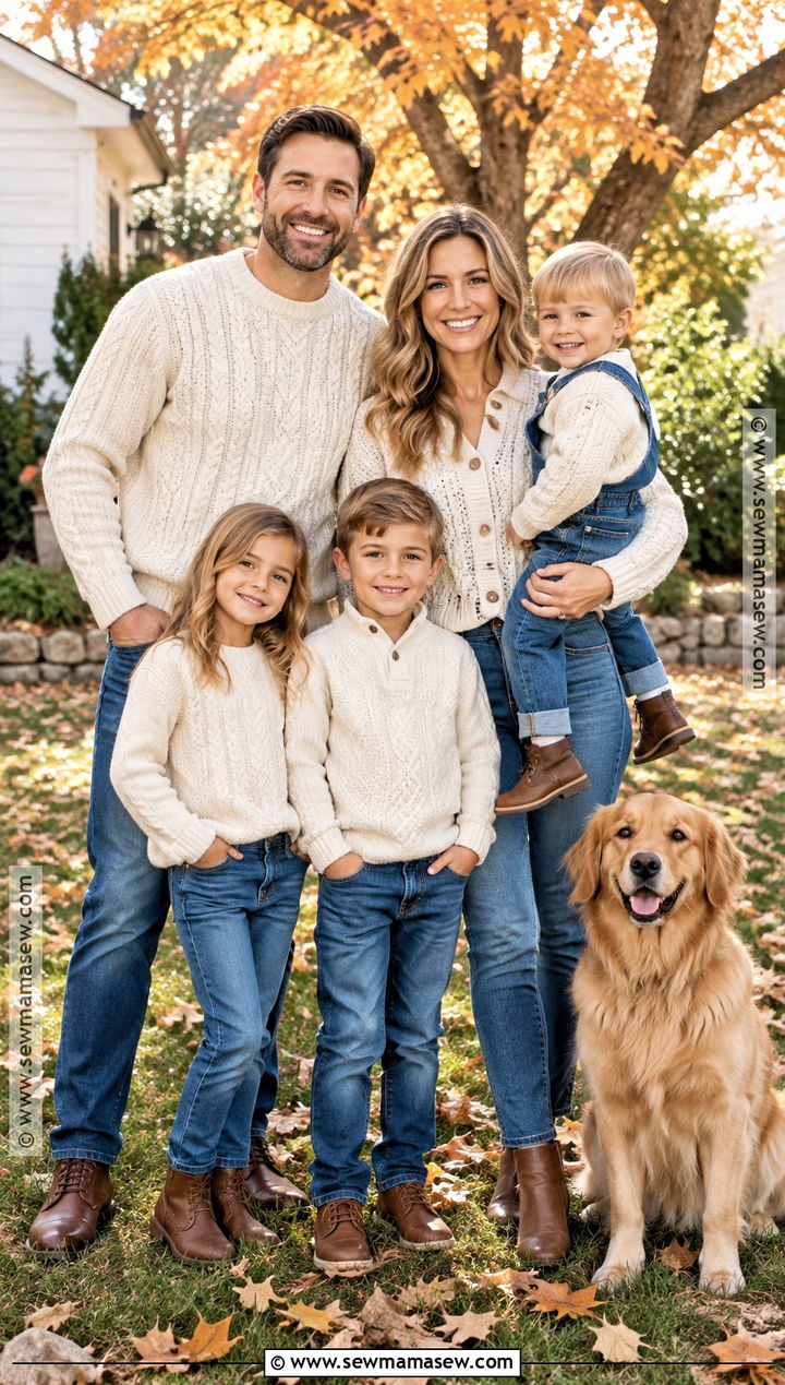 Cream Sweaters And Blue Jeans Fall Family Photo Outfit - 20 simple fall family photo outfits