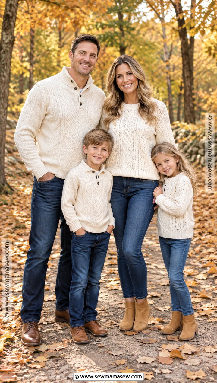 Cream Sweaters And Blue Jeans Family Outfit - 20 fall family pictures outfits jeans