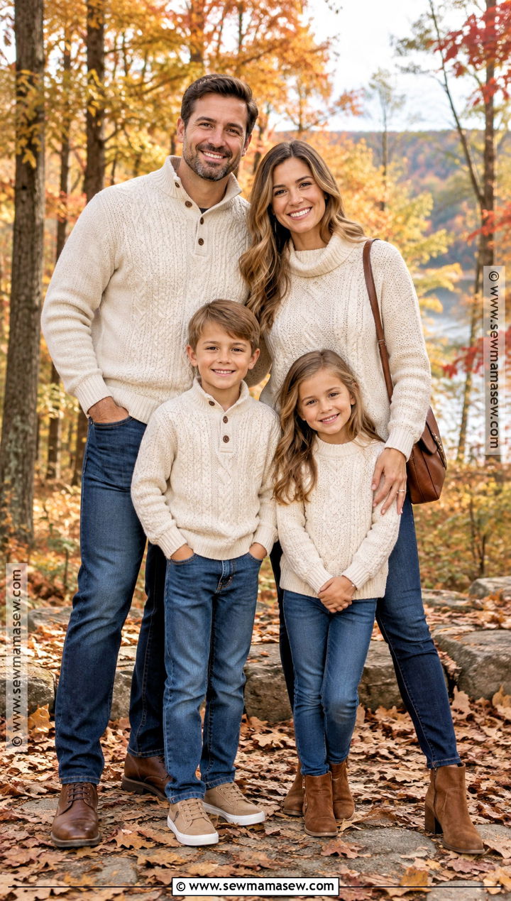 Cream Sweaters And Blue Jeans Family Outfit - 20 october family photos outfits jeans