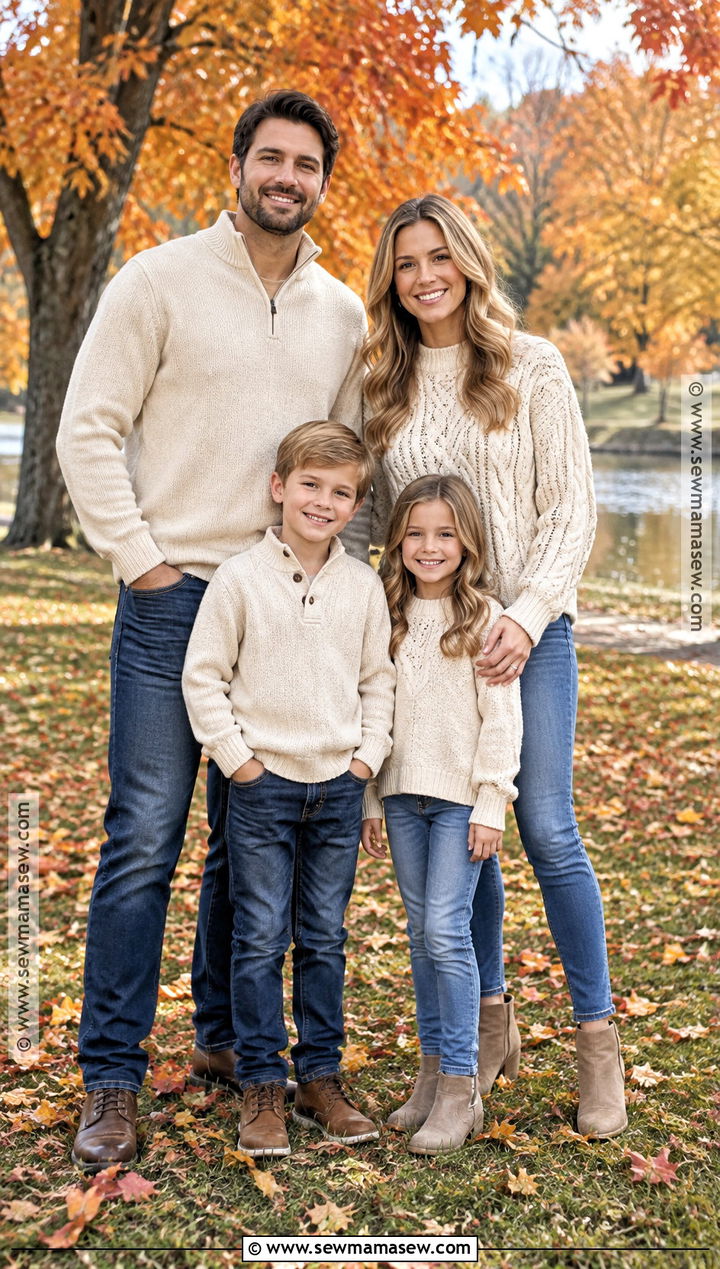 Cream Sweaters And Blue Jeans Family Outfit - 15 fall family photo outfits outdoor jeans