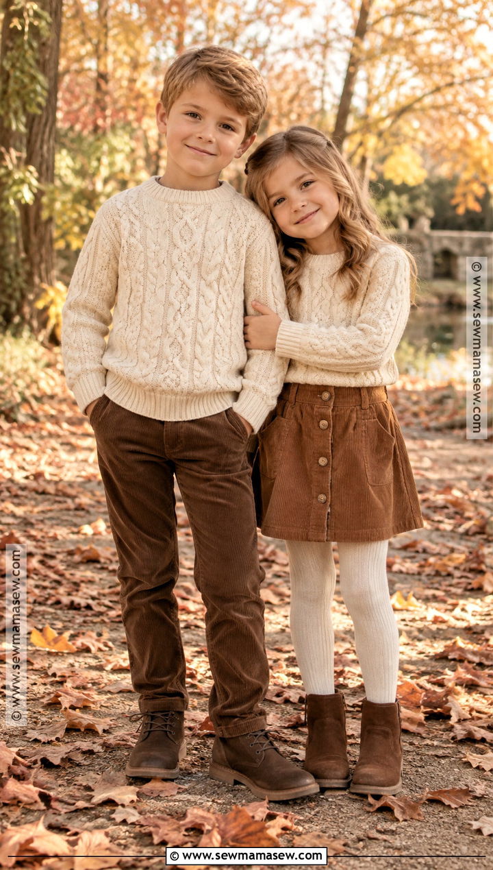 Cream Sweaters And Brown Corduroy Sibling Fall Outfit - 15 sibling fall outfits