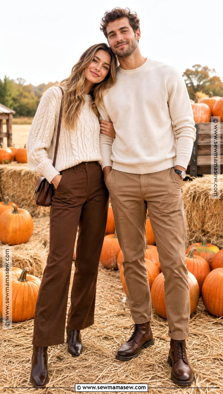 Cream Sweaters And Brown Pants Pumpkin Patch Outfit - 20 matching pumpkin patch outfits for couples