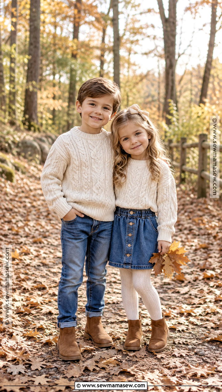 Cream Sweaters And Denim Sibling Outfit - 15 Sibling Fall Photoshoot Outfits