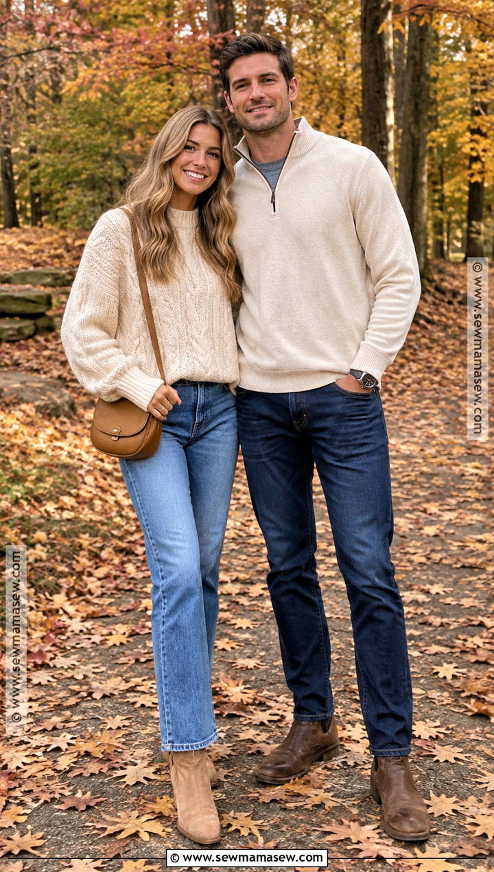 Cream Sweaters and Blue Jeans Couple Outfit - 15 Fall Couple Photos Outfits Casual