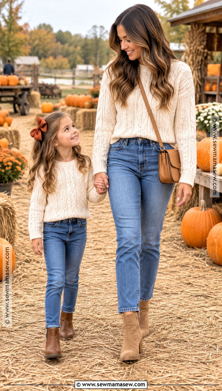 Cream Sweaters and Blue Jeans Pumpkin Patch Outfit - 15 mom and daughter pumpkin patch outfits