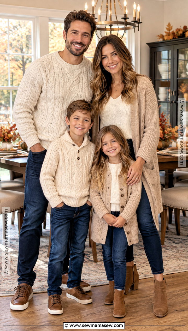 Cream Sweaters and Dark Denim Thanksgiving Family Outfit - 20 thanksgiving outfit ideas for family