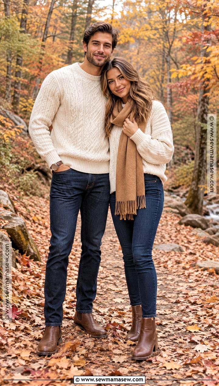 Cream Sweaters and Dark Jeans Fall Couple Outfit - 15 outfit ideas for couples photoshoot fall