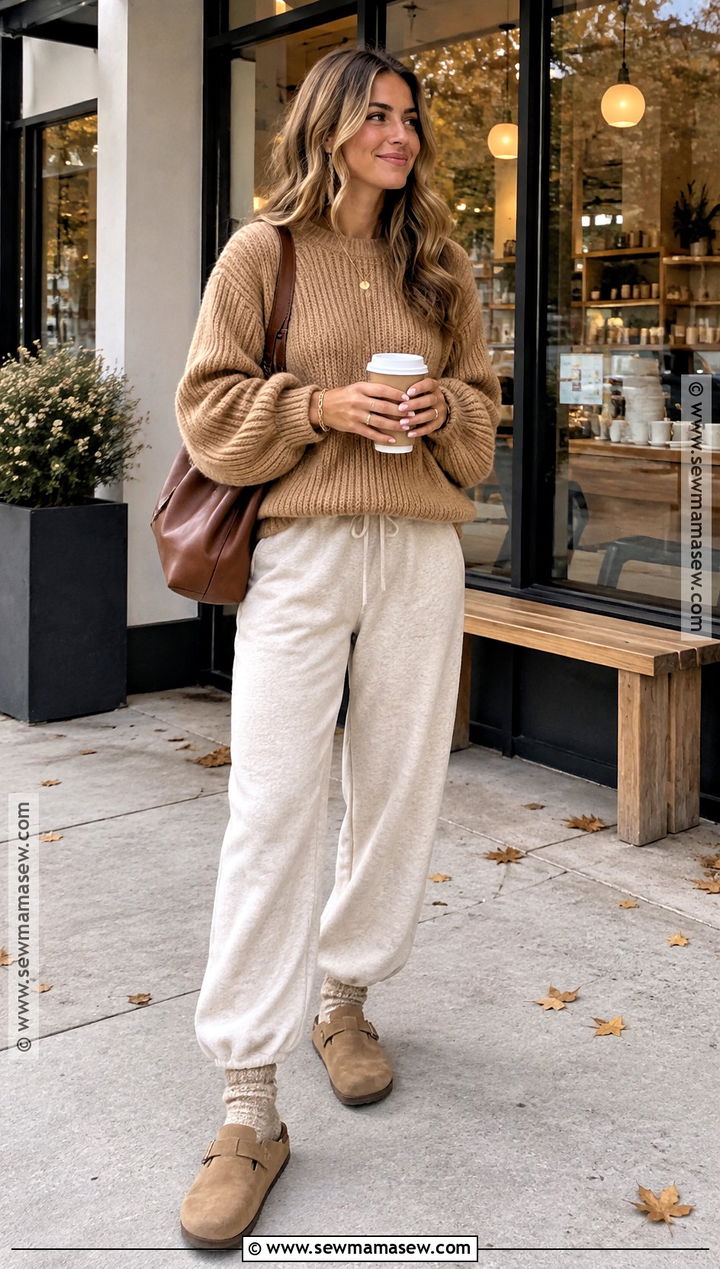 Cream Sweatpants With Chunky Sweater And Clogs - 20 sweatpants fall outfit ideas