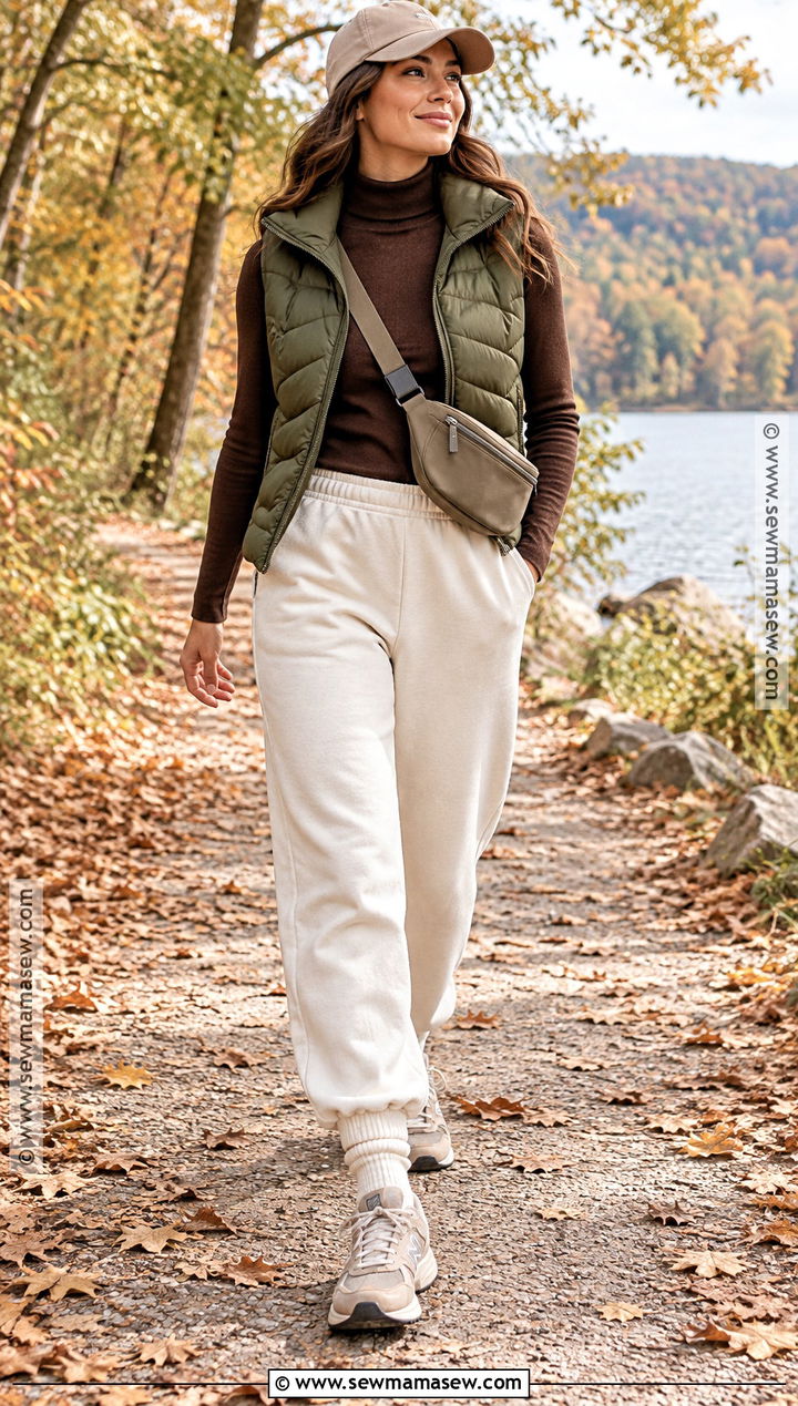 Cream Sweatpants With Puffer Vest - 15 autumn sweatpants ideas
