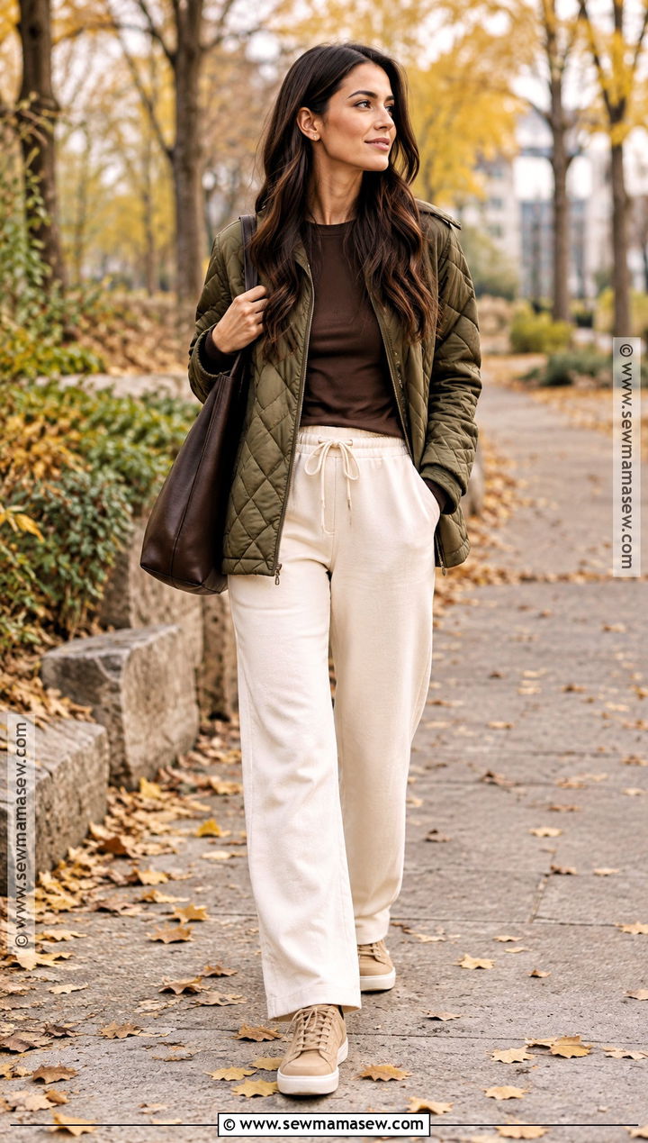 Cream Sweatpants With Quilted Jacket - 25 fall sweatpants outfits