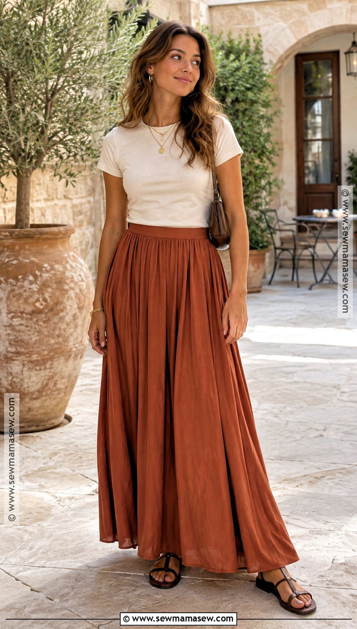 Cream T Shirt With Rust Maxi Skirt - 20 80 degree fall outfits