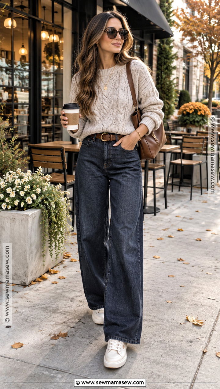 Cream Tennis Shoes With Wide Leg Jeans And Knit Sweater - 15 tennis shoes outfit fall