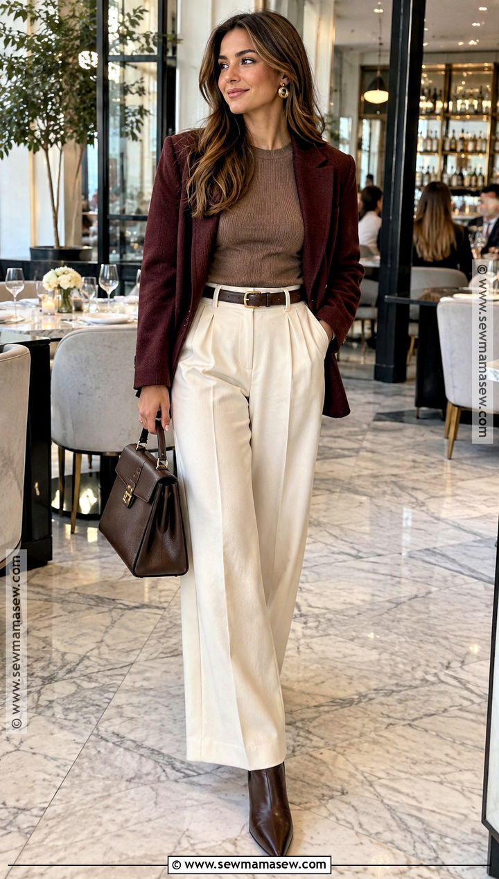 Cream Trousers And Burgundy Blazer Fall Dinner Outfit - 20 fall dinner outfit dressy ideas