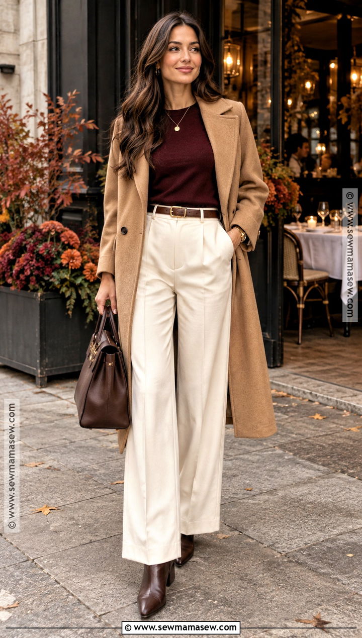 Cream Trousers And Burgundy Sweater Fall Dinner Date Outfit - 25 fall dinner date outfit ideas